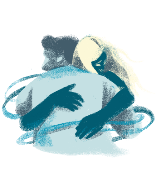 Illustration of two figures embracing in soft blue and gold tones, representing comfort and connection, from grief counseling at Mindshift Center